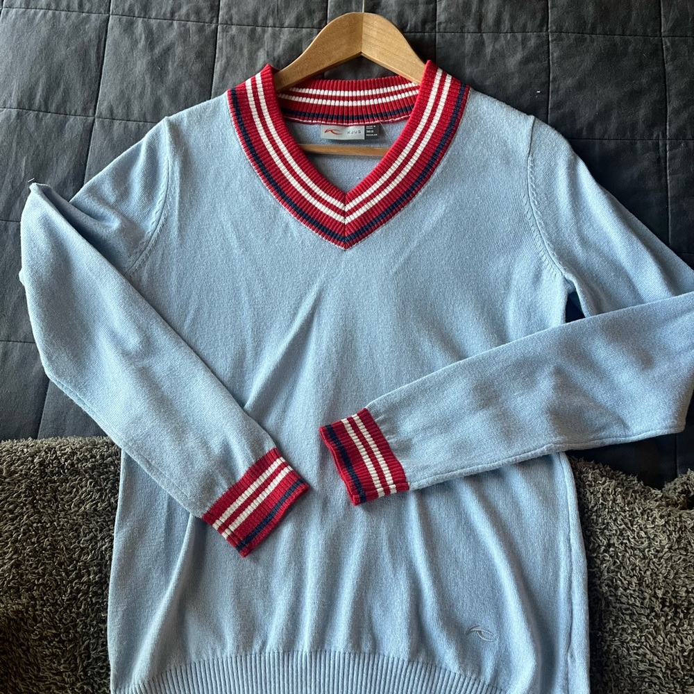 Kjus varsity sweater in baby blue and red